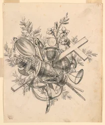 Trophäe mit Symbolen der Tugenden