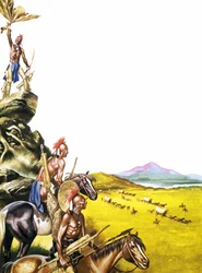 Rothäute beobachten einen nach Westen ziehenden Wagenzug