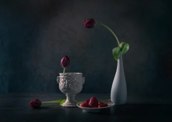 Stimmungsvolle Tulpen und Erdbeeren