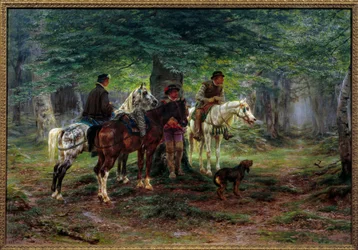 Von einem Regenschauer überraschte Reiter (17. Jahrhundert). In einem Wald suchen Männer zu Pferd unter einem Baum Schutz und warten darauf, dass der Regen aufhört.