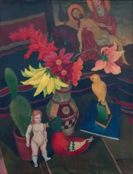 Stilleben mit nackter Puppe, Kaktus und Pietàbild
