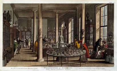 Innenansicht eines Wedgwood-Porzellangeschäfts in London, Lithographie von R. Ackermann