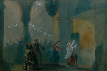 Bühnenbild für das Stück Der Sturm von A. Ostrovsky, Mitte des 19. Jahrhunderts