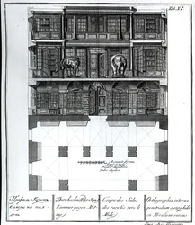 Querschnittsansicht der Halle der Raritäten nach Süden, Illustration in Chambers der St. Petersburger Kaiserlichen Akademie der Wissenschaften Bibliothek und Galerie mit Plänen, Fassaden und Profilen von Johann