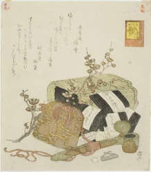 Seetang, tragbares Schreibetui und Pflaumenzweig, Nr. 5 aus der Serie "Die prahlerischen Heldentaten des Hasen (Usagi tegarabanashi)"