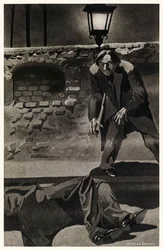 Flüchtete vom Ort dieser Exzesse, zugleich triumphierend und zitternd aus „Der seltsame Fall des Dr. Jekyll und Mr. Hyde“ von Robert Louis Stevenson. Illustration von S.G. Hulme Beamam, 1930