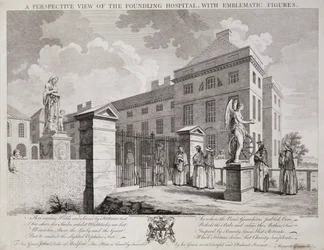 Eine perspektivische Ansicht des Findelhauses mit symbolischen Figuren, 1749