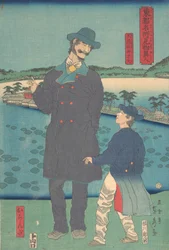 Niederländer und Kind betrachten den Benten-Schrein am Shinobazu-Teich, 7. Monat, 1861