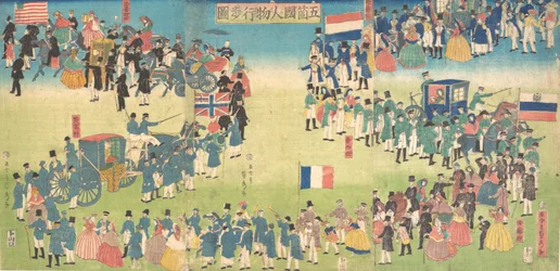 Prozession von Menschen aus fünf Ländern: Holland, Russland, Frankreich, England und Amerika