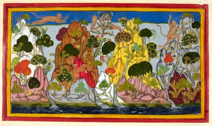 Hanuman fliegt zu den Himalayas auf der Suche nach heiligen Kräutern