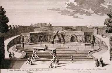 Großer Brunnen im Garten des Prinzen von Schwarzenberg, Wien, graviert von Georg-Daniel Heumann (1691-1759), veröffentlicht um 1724-37
