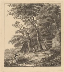 Ein Fischer und zwei Kinder in einer Landschaft mit strohgedeckten Hütten, 1764