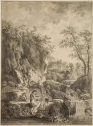 Felsenlandschaft mit einem Bach. Im Vordergrund ein junger Mann mit einer Rohrflöte und eine junge Frau