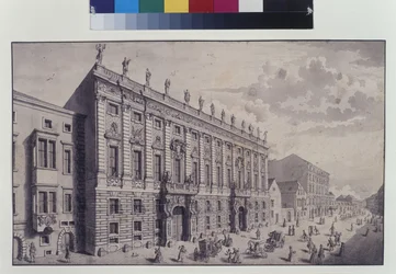 Ganzseitig: Schrägansicht des Stadtpalais von Prinz Eugen von Savoyen in der Himmelpfortgasse