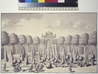 Ansicht des Orangenboskett im Wiesenparterre der Gärten des Liechtensteinpalastes in Rossau
