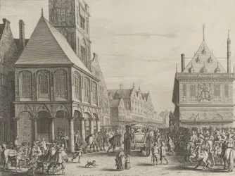 Stadtmagistrate verabschieden sich von Marie de Medici vor dem Rathaus, aus Caspar Barlaeu