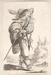 Gehender Mann, Dreiviertelprofil rechts, der nach dem Schwert an seiner Hüfte greift. Im Hintergrund eine Burg