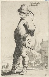 Mann im Profil, im Hintergrund eine Kirche und ein Gebäude mit Galerie