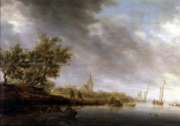 Bewaldete Flusslandschaft mit Lastkähnen