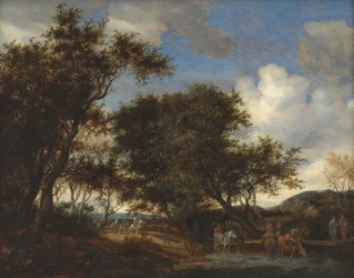 Landschaft mit Reisenden, die ihre Pferde tränken