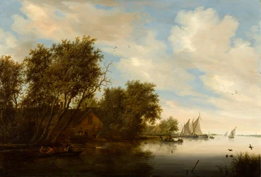 Flusslandschaft mit einem Mann auf Entenjagd