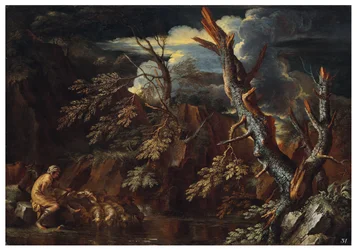 Eine felsige bewaldete Landschaft mit Jakob, der Labans Herde tränkt, um 1615-73