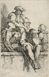 Vier Krieger und ein stehender Jüngling, der auf einen von ihnen zeigt, aus der Figurinen-Serie