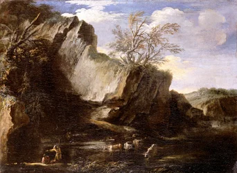 Felsige Landschaft mit Hirten und Vieh