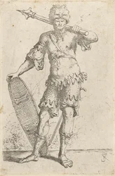 Stehender exotischer Krieger mit Löwenkopf-Kappe, Keule und Schild, ca. 1656-57
