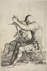 Zwei Krieger, einer sitzt auf einem niedrigen Felsen im Vordergrund und hält einen Kriegshammer; die andere Figur sitzt auf dem Boden hinter ihm, hält eine Keule über die rechte Schulter und schaut zur Figur im Vordergrund, aus der Figurinen-Serie