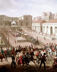 Einweihung der Eisenbahnstrecke zwischen Neapel und Portici im Jahr 1839 in Anwesenheit von König Ferdinand II. Detail. Lebensdaten des Künstlers: 1799-1877. Museo Nazionale di San Martino, Neapel.