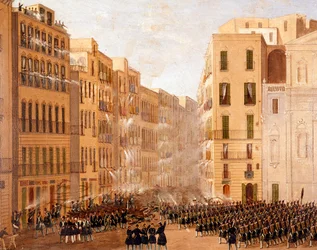 Die bourbonische Armee ging gegen die Aufstände in Neapel im Mai 1848 vor. Detail. Lebensdaten des Künstlers: 1799-1877. Neapel, Museo Nazionale di San Martino.