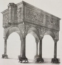 Antike Ambo in der Kathedrale von Sessa Aurunca, Kampanien, Italien, Lithographie von Salvatore Puglia nach einer Zeichnung von Pasquale Mattei (1813-1879) aus Poliorama Pittoresco, Nr. 43, 31. Mai