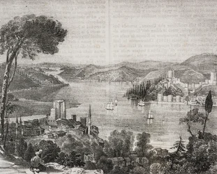 Bosporus-Burgen an den Küsten Asiens und Europas, Türkei, Lithographie von Gaetano Riccio aus Poliorama Pittoresco, Nr. 18, 9. Dezember
