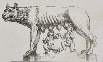 Kapitolinische Wölfin, Bronzestatue, Rom, Latium, Italien, Lithographie von Salvatore Puglia aus Poliorama Pittoresco, Nr. 25, 25. Januar