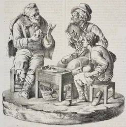 Schuster im Streit, Statuetten von Giacomo Bongiovanni und Giuseppe Vaccaro, Lithographie von Salvatore Puglia aus Poliorama Pittoresco, Nr. 32, 18. März