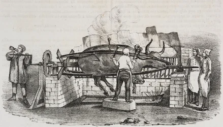 Kolossaler Braten, Lithographie von Salvatore Puglia aus Poliorama Pittoresco, Nr. 4, 2. September