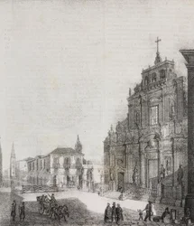 Fassade der Basilika San Sebastiano in Acireale, Sizilien, Italien, Lithographie von Salvatore Puglia aus Poliorama Pittoresco, Nr. 39, 3. Mai