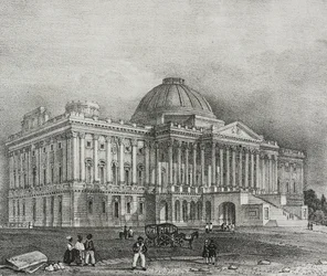 Fassade des Kapitolgebäudes in Washington, USA, Lithographie von Salvatore Puglia aus Poliorama Pittoresco, Nr. 42, 28. Mai