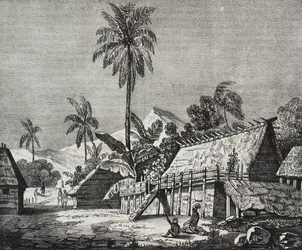 Haus der Königin von Noukahiva-Insel, Marquesas-Inseln, Französisch-Polynesien, Lithographie von Salvatore Puglia