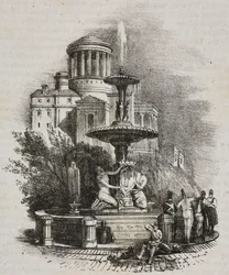 Prado-Brunnen, Madrid, Spanien, Lithographie von Salvatore Puglia aus Poliorama Pittoresco, Nr. 39, 4. Mai