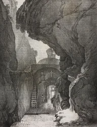Heiligtum der Heiligen Dreifaltigkeit oder Heiligtum des gespaltenen Berges, Gaeta, Latium, Italien, Lithographie von Salvatore Puglia aus Poliorama Pittoresco, Nr. 43, 1. Juni
