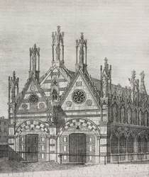 Ansicht der Kirche Santa Maria della Spina in Pisa, Toskana, Italien, Lithographie von Salvatore Puglia aus Poliorama Pittoresco, Nr. 34, 29. März