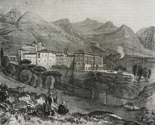 Ansicht des Klosters San Martino delle Scale in der Nähe von Palermo, Sizilien, Italien, Lithographie von Salvatore Puglia