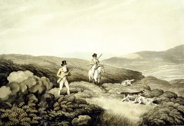 Moorhuhnjagd, aus „Ormes Collection of British Fieldsports“, gestochen von J. Godby und H. Merke