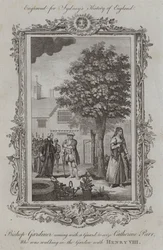 Bischof Gardiner kommt mit einer Wache, um Catherine Parr zu verhaften, die mit Heinrich VIII. im Garten spazieren geht