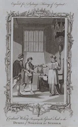 Kardinal Wolsey übergibt das Große Siegel an die Herzöge von Norfolk und Suffolk (Stich)