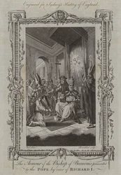 Die Rüstung des Bischofs von Beauvais wird auf Befehl von Richard I. dem Papst überreicht