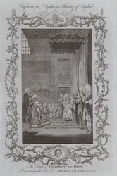 Der Herzog von Queensberry und Dover überreicht Königin Anne das Unionsgesetz