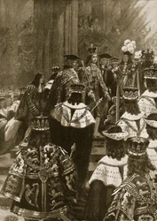 Die Inthronisierung bei der Krönung Georgs I. am 20. Oktober 1714, aus „The Illustrated London News“, 1902